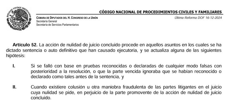 LeniaBatres's tweet image. Por cierto, la figura de la acción de nulidad de juicio concluido también ha sido incorporada en el Código Nacional de Procedimientos Civiles y Familiares publicado el 7 de junio de 2023, que entrará el vigor el 1 de abril de 2027.