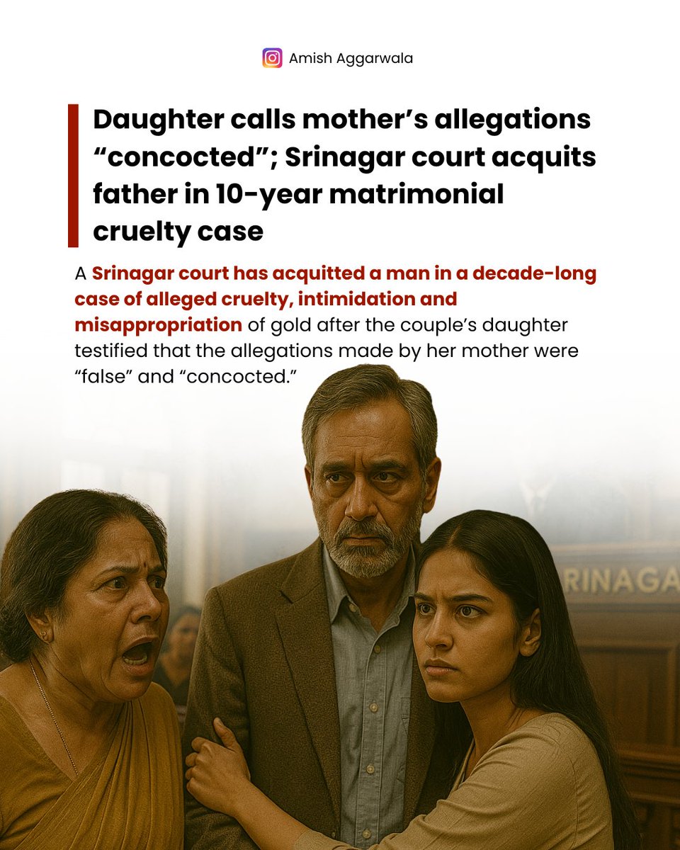 AmishAggarwala's tweet image. Daughter calls mother’s allegations “concocted”; Srinagar court acquits father in 10-year matrimonial cruelty case

A Srinagar court has acquitted a man in a decade-long case of alleged cruelty, intimidation and misappropriation of gold after the couple’s daughter testified that…
