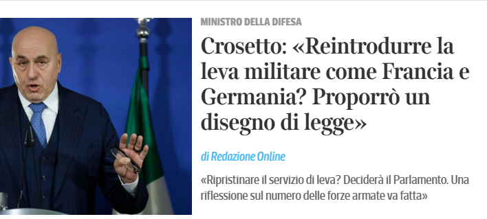 Del resto, visto le immense opportunita' di lavoro che il "governo" #Meloni #Tajani #Salvini crea per i giovani, perdere uno/due anni per fare il soldato per difendere il paese da nemici immaginari, cosa vuoi che sia...

inizieranno a lavorare a 28 anni...tanto..sempre 700 euro