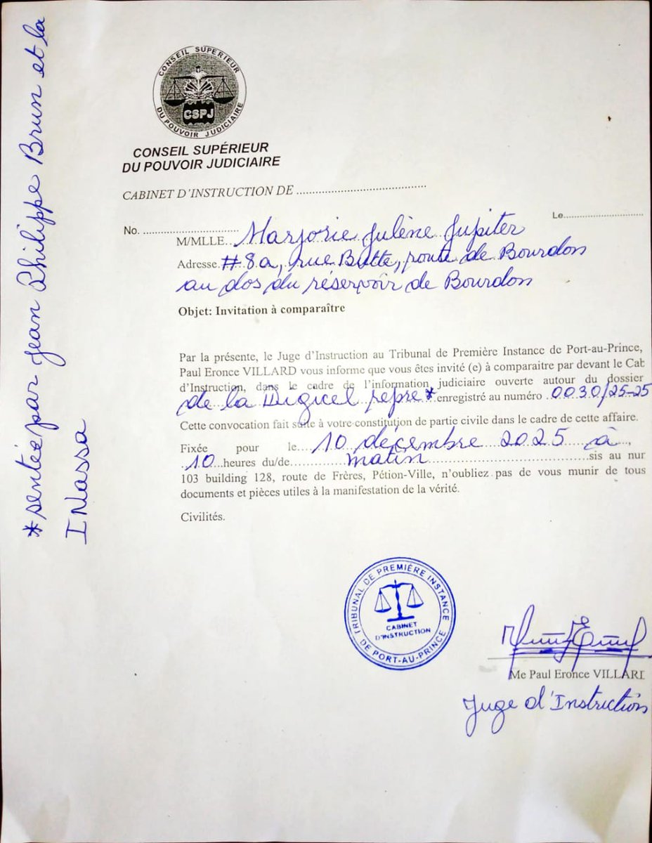 Jij enstriksyon Paul Eronce Villard envite devan biwol jou kap 10 desanm 2025 tout moun ki te viktim nan Kesyon swadizan asirans BIMA/DIGICEL/INASSA.Nou toujou dil kom avoka fok pèp la jwenn jistis li.Malere yo pap pèdi kòb yo.Pataje tweet sa pou mond lan konnen gro batay sa!