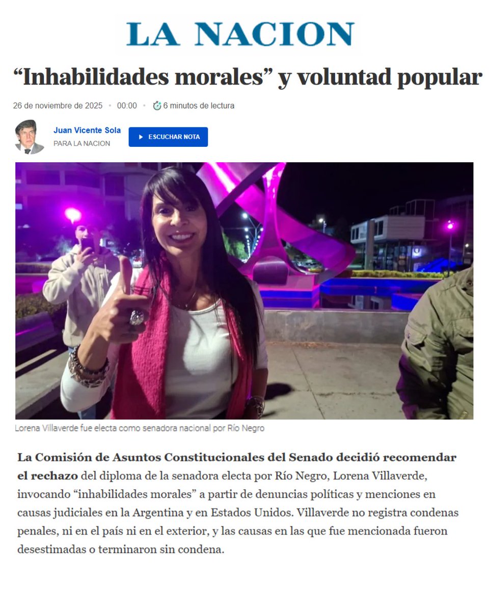 LoreVillaverde1's tweet image. Mañana el Senado tiene la oportunidad de elegir entre dos caminos:
la Constitución… o la arbitrariedad.

Mi diploma es válido, el proceso electoral fue legítimo y el voto de los rionegrinos es incuestionable.

Ambas notas lo dejan claro: el Congreso no puede transformarse en un…