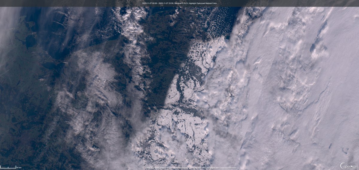 Zima w Polsce na obrazach satelitarnych #Sentinel-3 <a href="/CopernicusEU/">Copernicus EU</a> 27/11/2025
Obraz eksponuje bardzo wyraźną granicę (jak od linijki) zasięgu opadów śniegu...