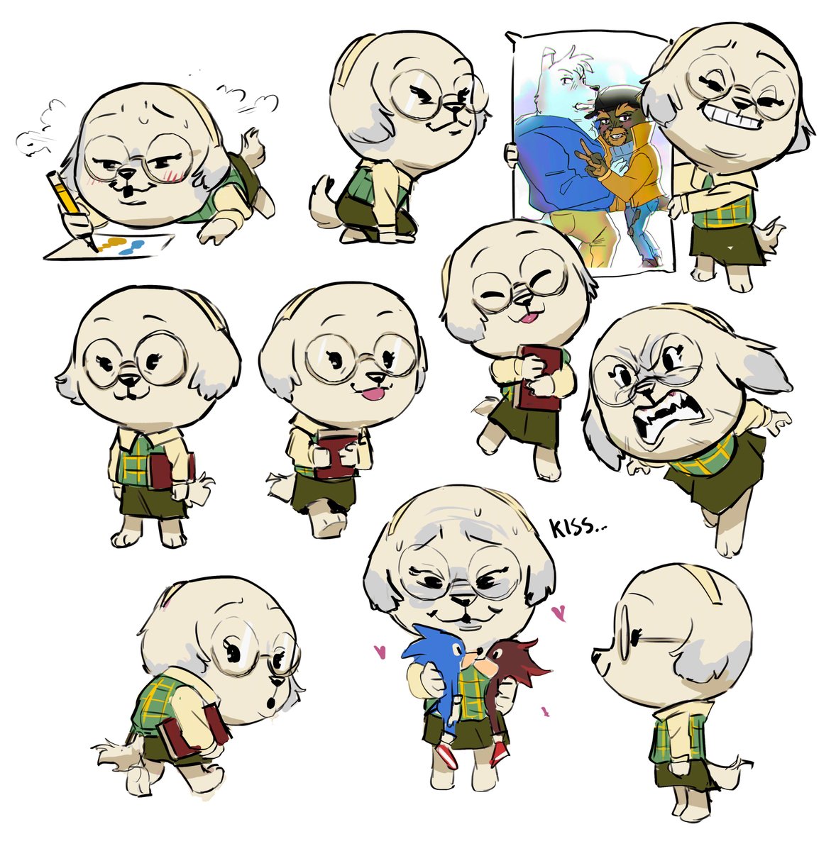 Made a new dog character to the Art dog bros. This one's a gremlin that draws a lot of yaoi (boy on boy love), and there will be a short about her one day. Her name will either be Tingting, Maritess, or Fujo. Waddya think?