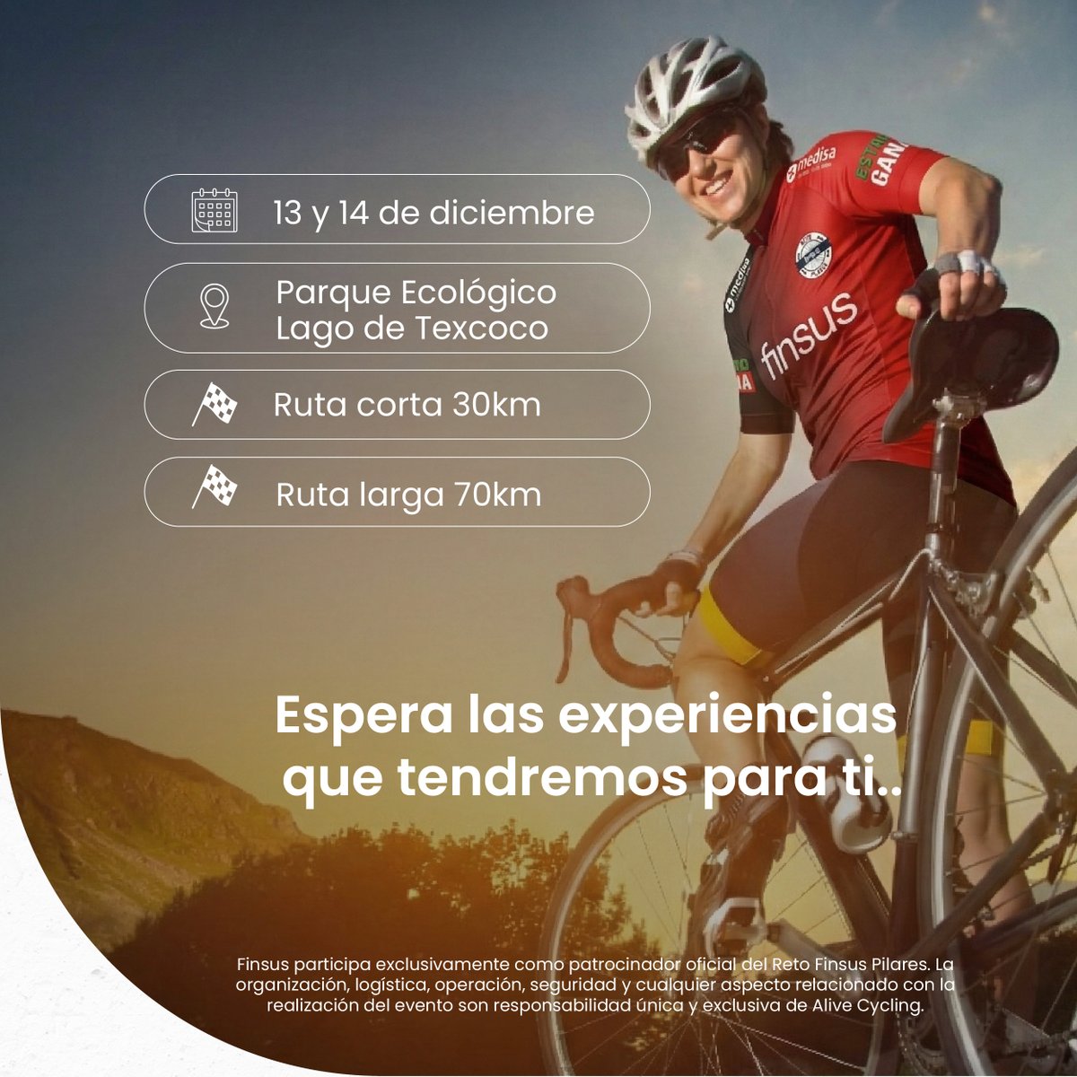 En Finsus creemos en el poder de los retos que mueven a la comunidad.
Por eso nos unimos como patrocinadores del Reto Finsus Pilares porque cuando las personas avanzan, en la bici y en su bienestar, avanzamos todos.

Este 13  y 14 de diciembre nos vemos en el Parque Ecológico