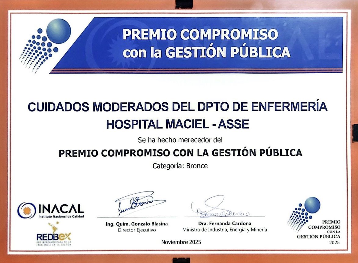 El 25 de noviembre el Hospital Maciel fue reconocido en los Premios INACAL 🏅<a href="/INACALUY/">INACAL URUGUAY</a> 

Los servicios de Cuidados Moderados dpto de Enfermería y Hematología y TPH recibieron la mención Bronce en Compromiso con la Gestión Pública.