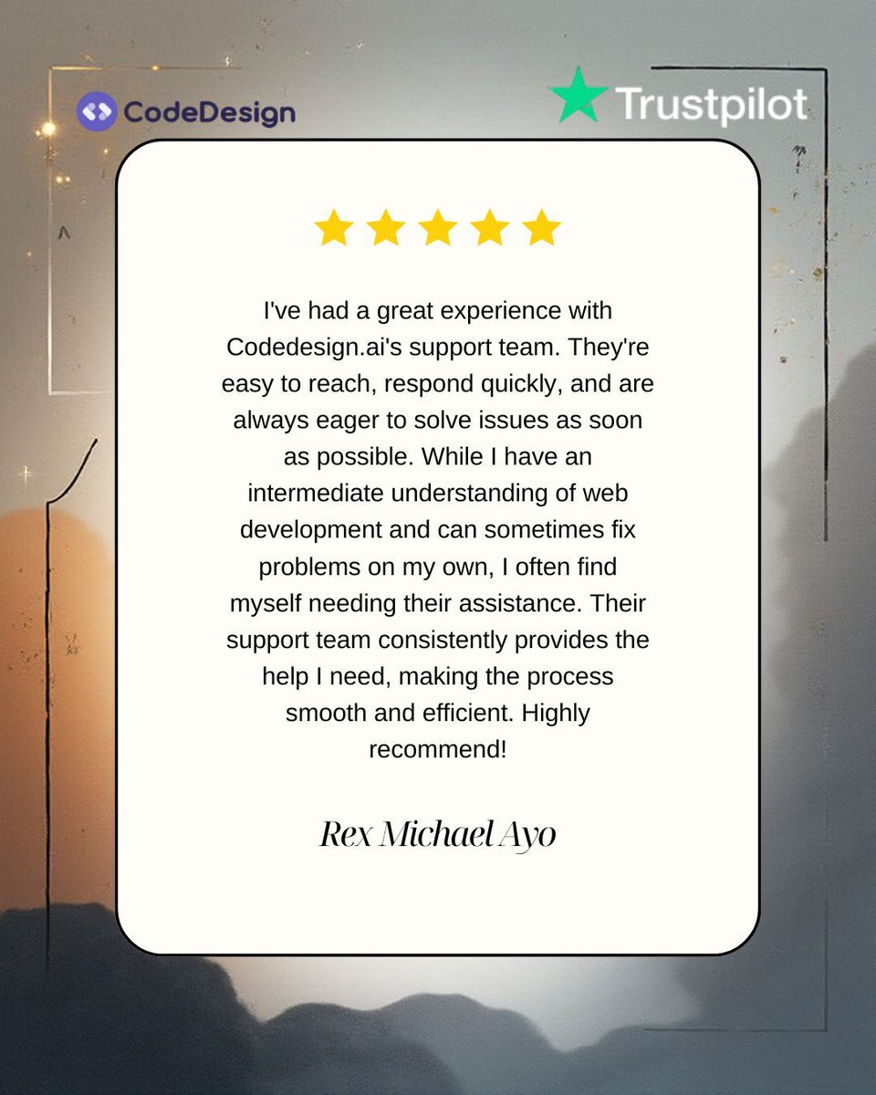 codedesignai's tweet image. &quot;Responsive,&quot; &quot;smooth,&quot; and &quot;efficient&quot; – words we love to see! 🙌

Thank you, Rex Michael Ayo, for this fantastic 5-star Trustpilot review about our dedicated support team at Codedesign.ai!

#CodedesignAI #CustomerReview #TechSupport #WebDevelopment