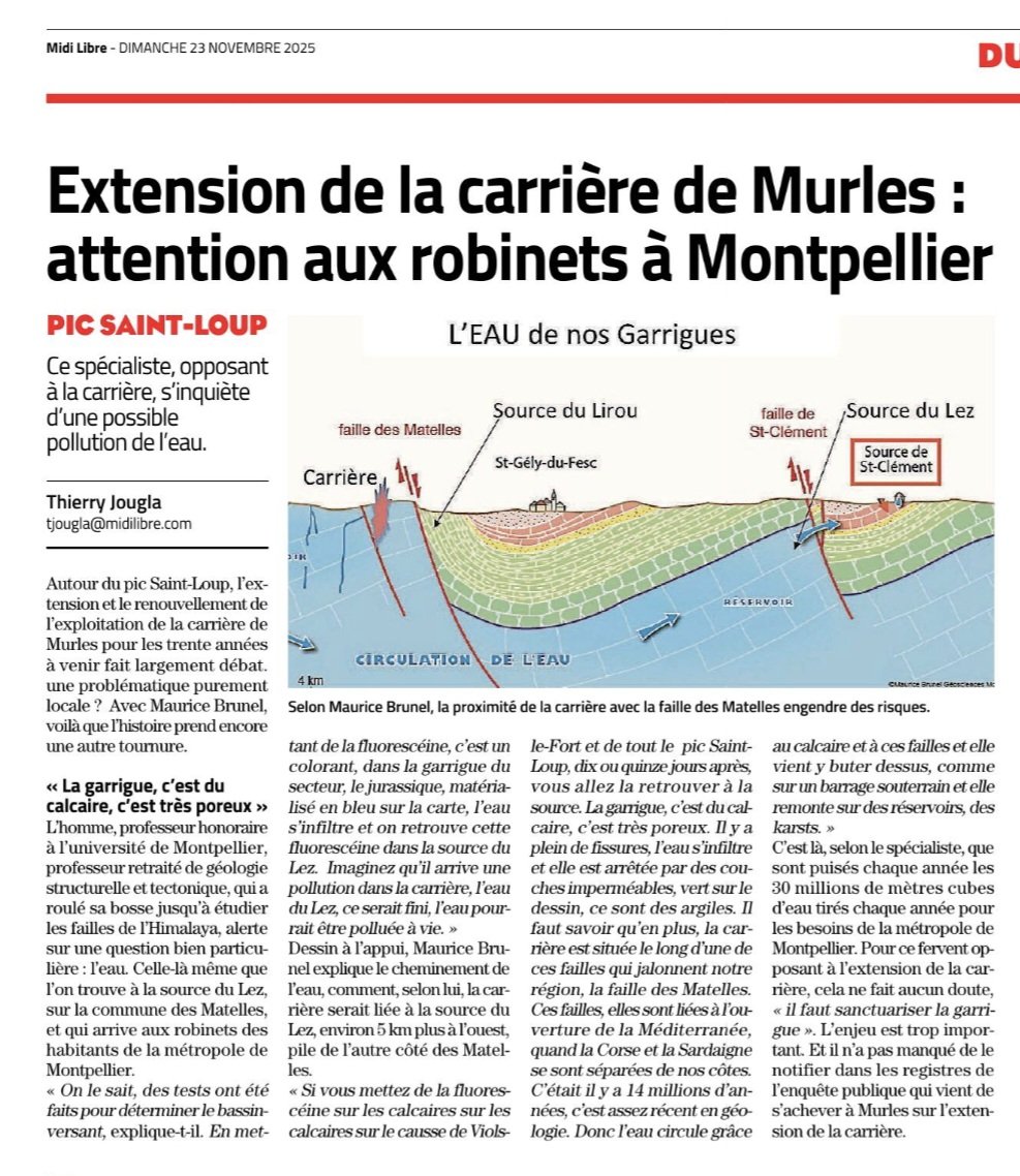 Article <a href="/Midilibre/">Midi Libre</a> 23 nov 25,
j'alerte mr le <a href="/Prefet34/">Préfet de l'Hérault 🇫🇷</a> sur le danger que constitue le projet d'extension de la carrière de #Murles, #GrandPicSaintLoup et son centre d'enfouissement des dechets intégré, sur la source du lez assurant la ressource en eau de la métropole #Montpellier