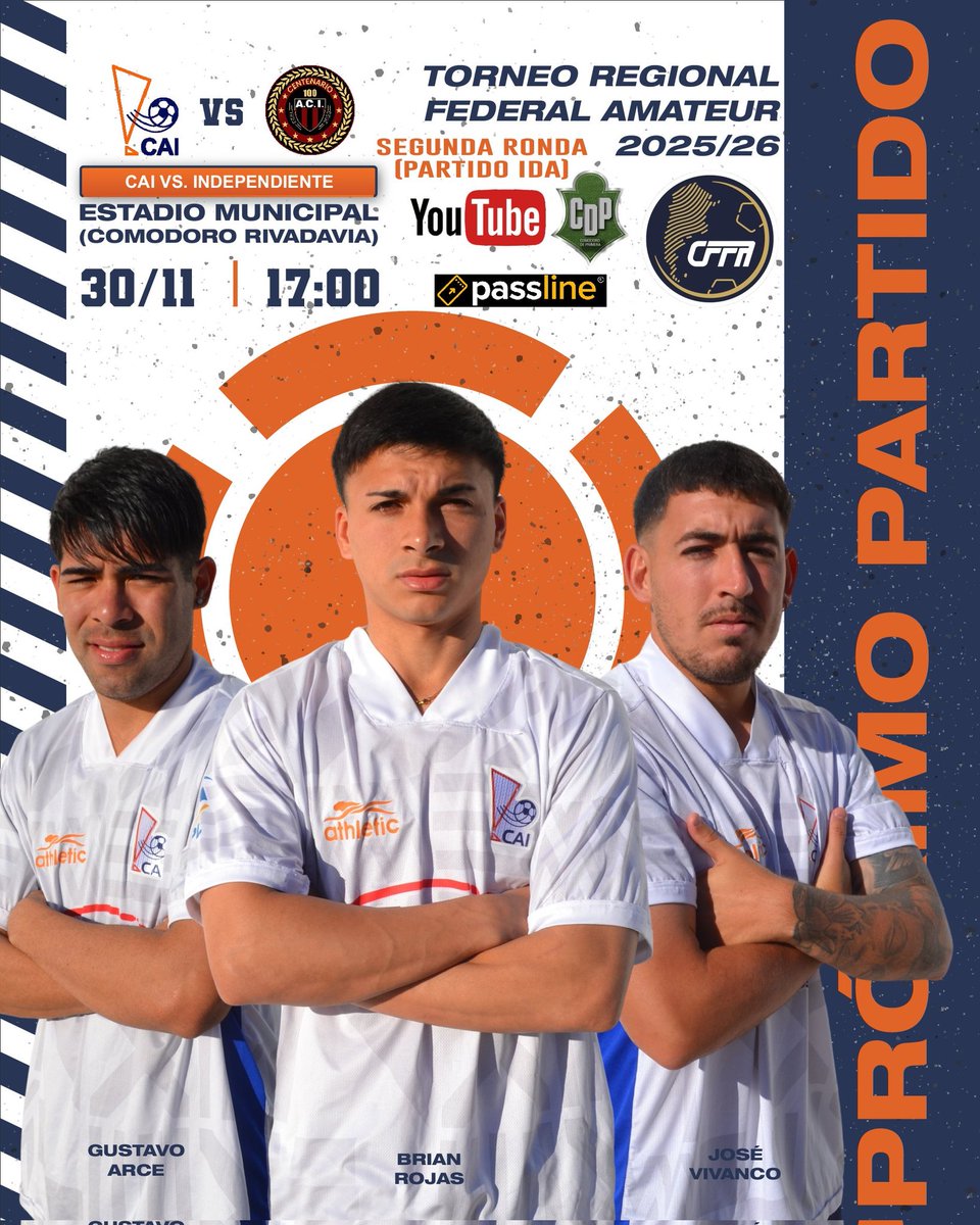 🔜 ¡𝗣𝗥𝗢́𝗫𝗜𝗠𝗢 𝗣𝗔𝗥𝗧𝗜𝗗𝗢!

🏆 TRFA 2025/26
📍 Región Patagónica - 2da Ronda | Ida
⚽ CAI 🆚 Independiente (San Julián)
🗓 Domingo 30/11
🕓 17.00
🏟️ Estadio Municipal
📌 Comodoro Rivadavia
📺 Comodoro de Primera (Passline 🏷 $9200)
passline.com/eventos/cai-vs…

 #DaleCAI 🔶🔷