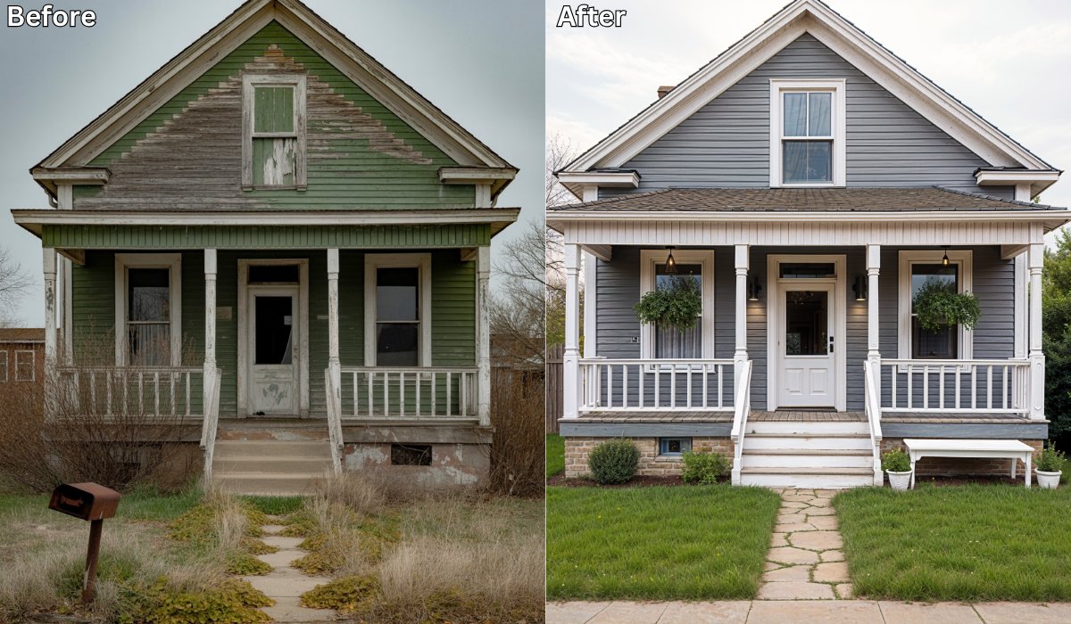 renovate_ai's tweet image. m abandoned to amazing — this full exterior renovation was designed using Renovate AI, turning a neglected house into a modern dream home 🤖✨ #homerenovation #RenovateAI