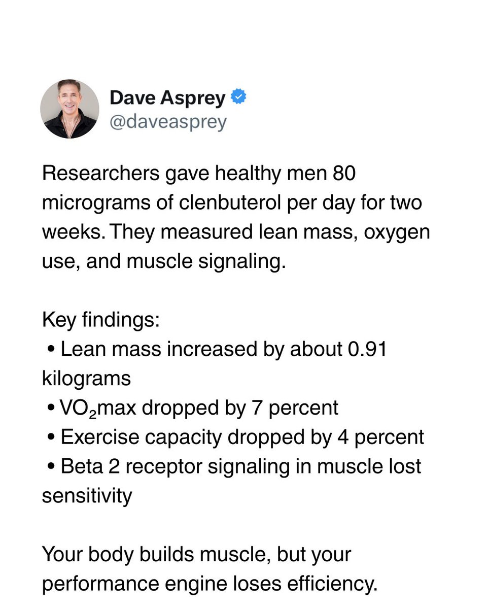 daveasprey's tweet image. Here’s what no influencer will tell you about clenbuterol. 

It grows muscle, but it taxes the biology that fuels your performance. 

Keep reading to learn more.

#biohacking #performancehealth #fitnessscience #musclebuilding  #humanperformance
