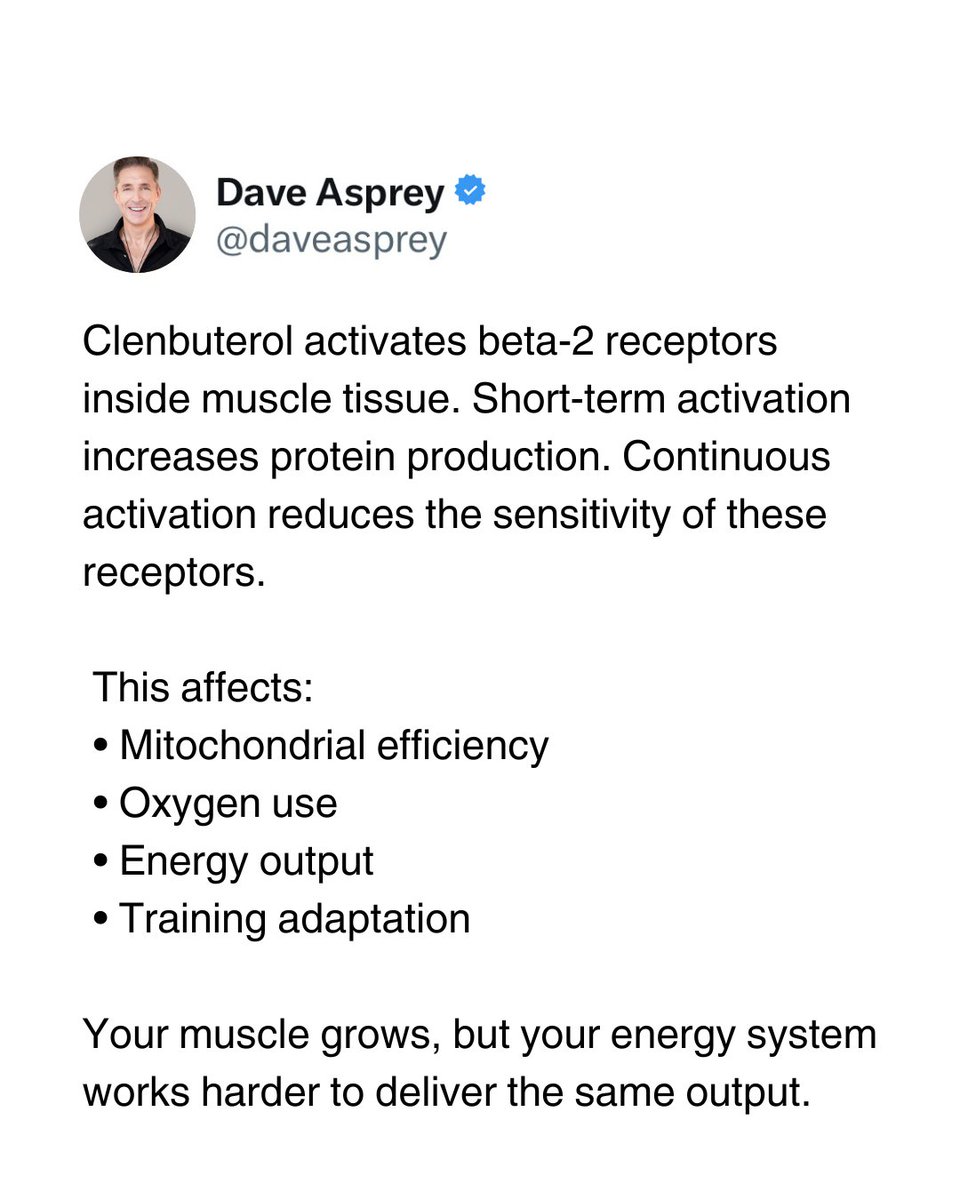 daveasprey's tweet image. Here’s what no influencer will tell you about clenbuterol. 

It grows muscle, but it taxes the biology that fuels your performance. 

Keep reading to learn more.

#biohacking #performancehealth #fitnessscience #musclebuilding  #humanperformance