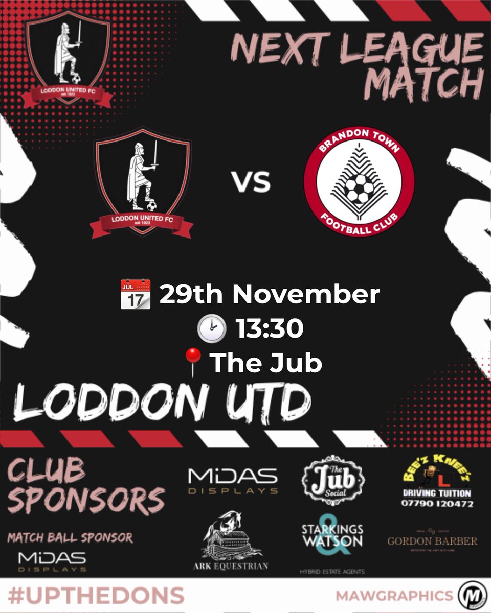1st team are at home Saturday looking to build on last weeks positive result

They welcome <a href="/BrandonTownFC/">Brandon Town FC</a> to The Jub where the reverse fixture was a 8 goal thriller

Come give the lads some support

Match Sponsor Carlos &amp; The pitchers

Ball Sponsor <a href="/MidasDisplays/">Midas Displays</a>

#UPTHEDONS 🔴⚫️