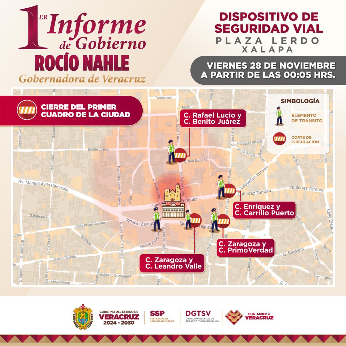 #QueNoSeTePase 🚨 Con motivo del 1er Informe de Gobierno en el Estado de Veracruz, tendremos cierres viales en la zona centro de la capital. 🚧

👉🏼 checa la información y toma precauciones, porque los CIERRES comenzarán a partir de la madrugada del viernes 28 de noviembre. 🚦