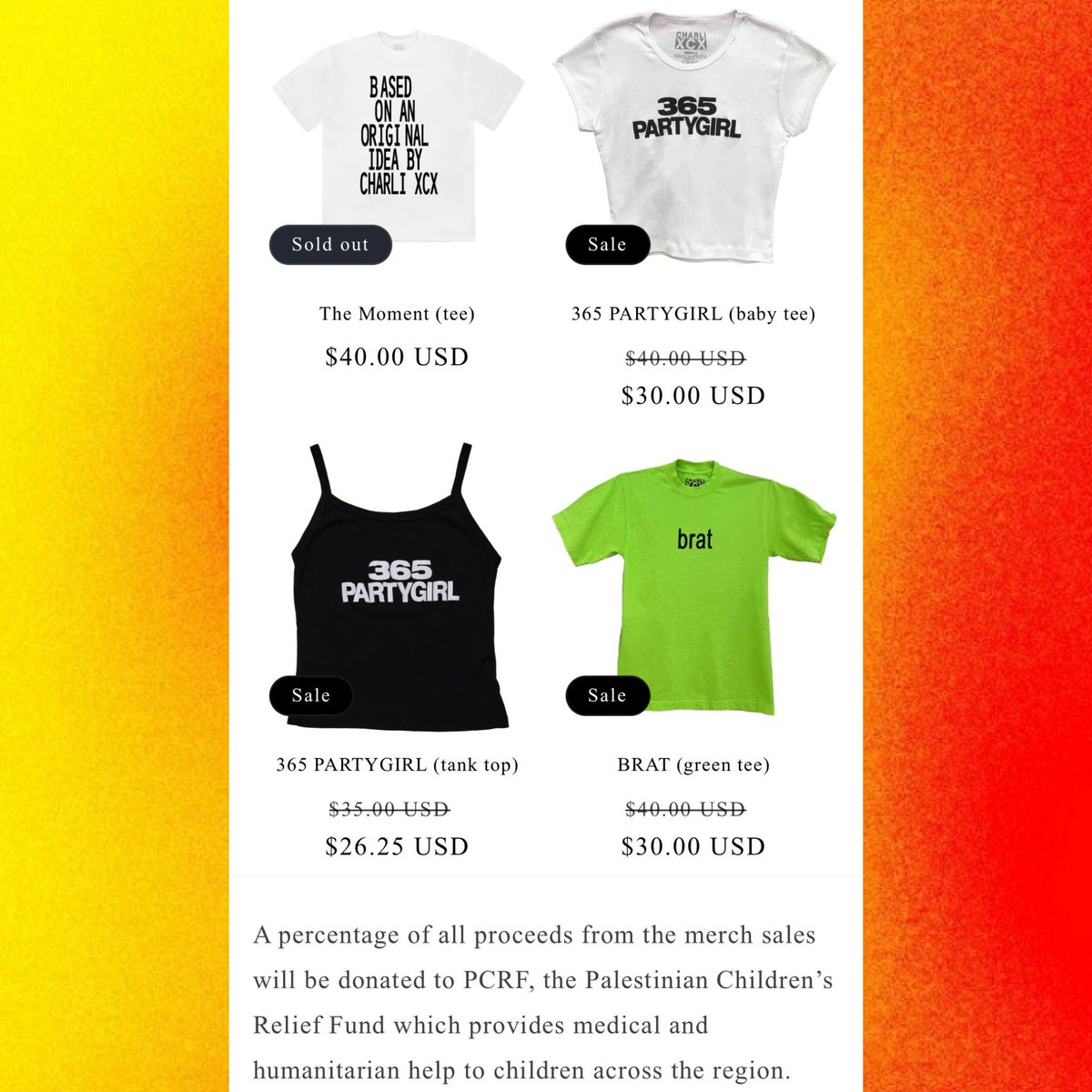 Charli xcx has discounted her merch ahead of Black Friday.

A portion of the proceeds will go towards the Palestinian Children’s Relief Fund.