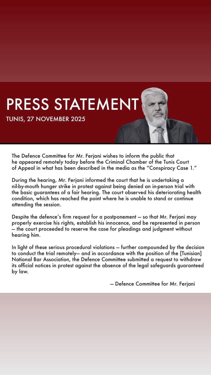 Statement by Sayyid Ferjani’s Defense Committee- on hunger strike to protest denial of his presence in person at his trial in the “Conspiracy 1” case

facebook.com/share/p/1FyZiE…