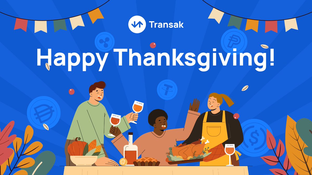Transak's tweet image. Thanksgiving reminder: none of this happens without you. 🙌

Your trust and support fuel our mission to make stablecoins and crypto accessible for everyone. 🌍

Here’s to shared progress, strong partnerships, and an even more exciting year ahead. 🔥

Happy Thanksgiving from…
