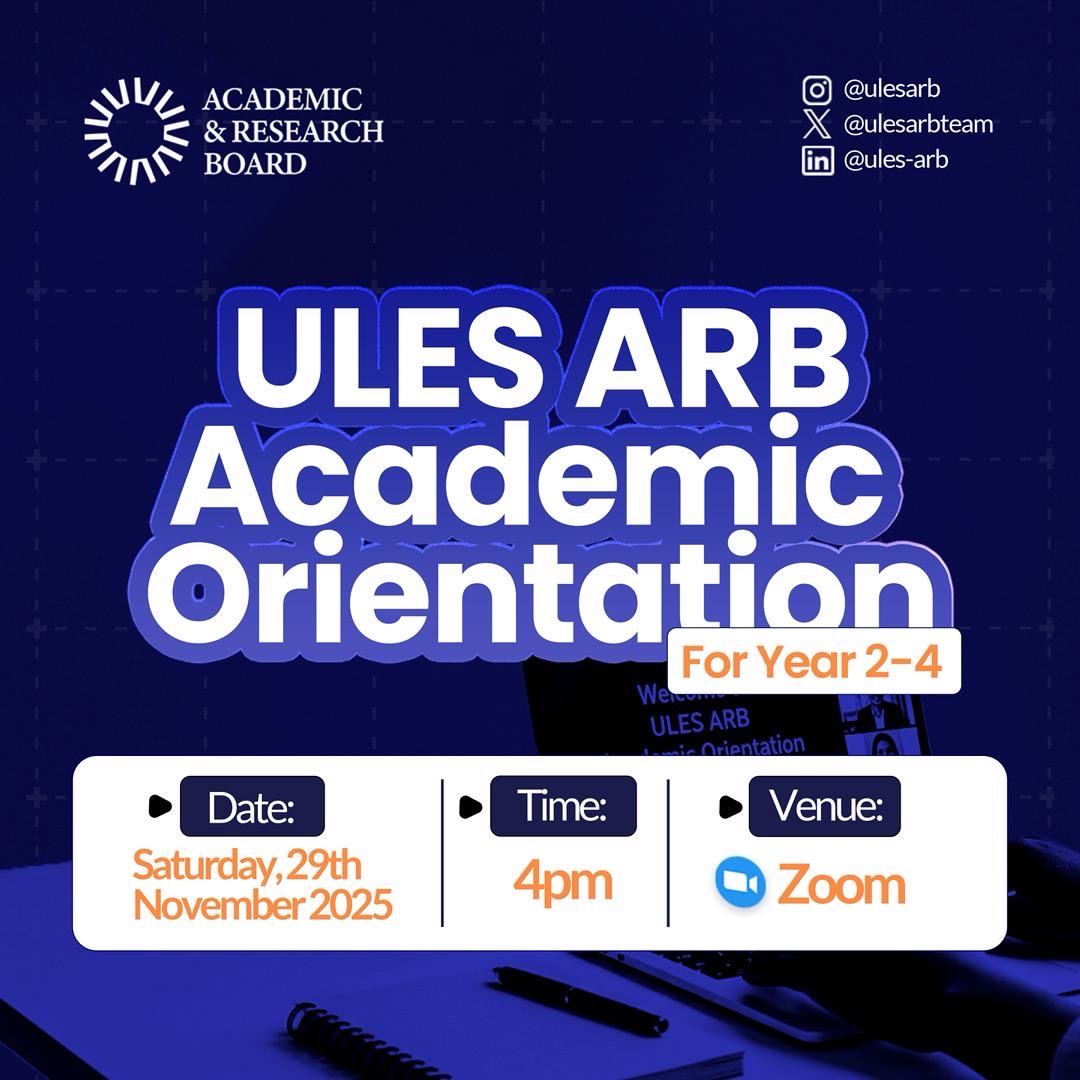 A strong academic session starts with the right information. 

ULES ARB is hosting an Academic Orientation to help Year 2-4 students navigate the academic session with confidence and strategy.

Set the foundation for excellence early. 

Register here: forms.gle/xxUkRjoFVtkCPL…