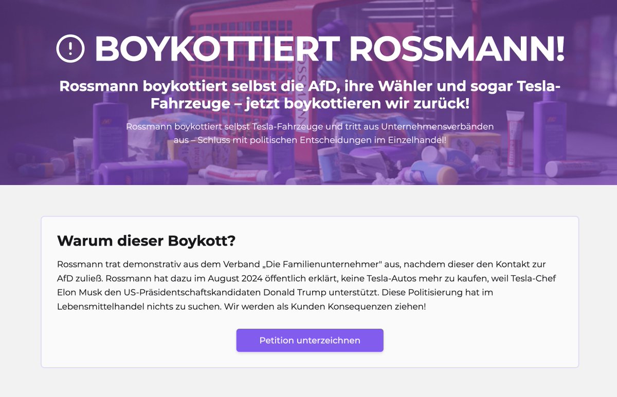 🟣 Boykottiert Rossmann! 

Es gibt 15 Millionen AfD-Wähler in Deutschland. Rossmann macht medien 2,5 Milliarden Euro Gewinn. 

Der Chef von Rossmann will seinen Konzern als Antifa-Bude positionieren. Er setzt auf Zensur, Unterdrückung der patriotischen Opposition, er setzt auf
