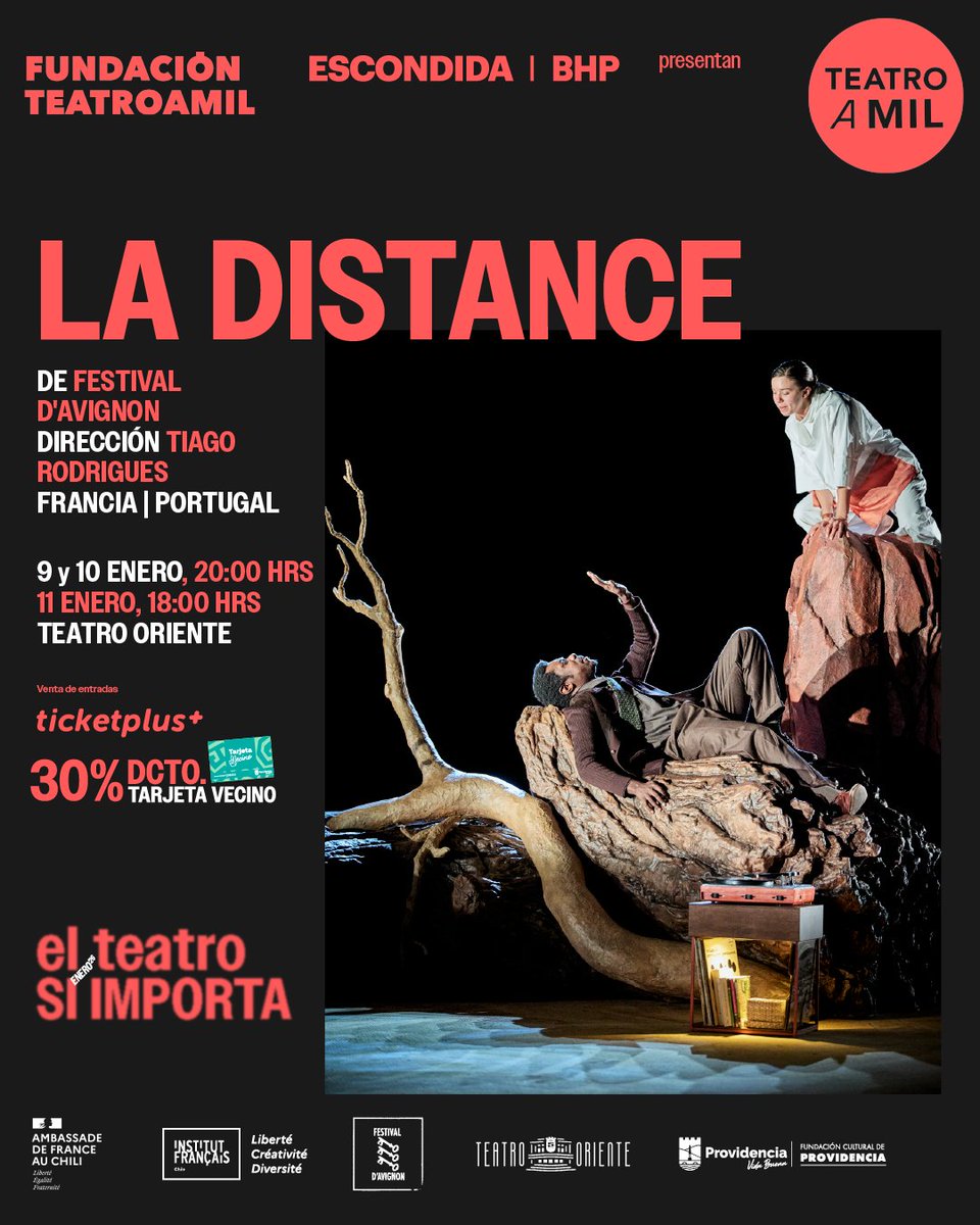#TEATRO En enero 2026 seremos parte de la programación del <a href="/fundteatroamil/">Fundación Teatro a Mil</a> con un espectáculo de danza y la obra "La Distance". Venta de entradas ticketplus.cl 30% descto Tarjeta Vecino <a href="/Muni_provi/">Muniprovi</a> 40% descto Black Friday. <a href="/CulturaProvi/">Cultura Provi</a>