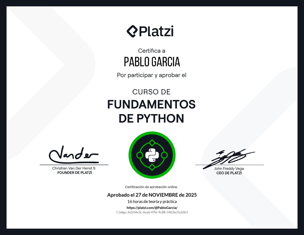 PabloGarciaJC's tweet image. He completado el Curso de Fundamentos de Python
#Python #Programación #DesarrolloDeSoftware #PabloGarciaJC #Platzi #AprendizajeContinuo #Coding #Tech