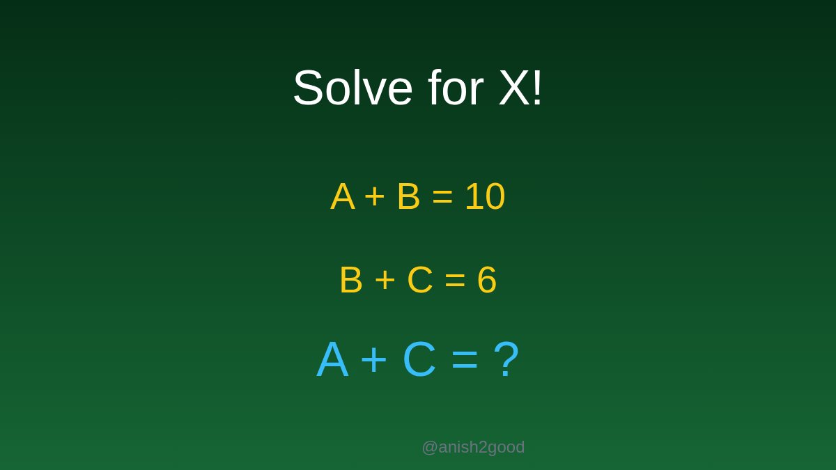 anish2good's tweet image. Can you solve this? 🤔
If A + B = 10
and B + C = 6,
what is A + C? 🤯 Comment your answer before scrolling 👇

#Math #Puzzles #MathTwitter #STEM #BrainTeaser