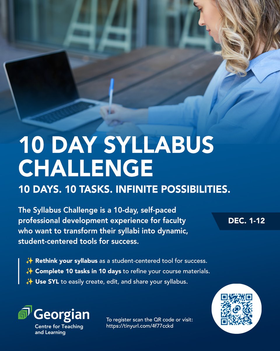 Georgian_CTL's tweet image. Are you ready to rethink how you design your syllabus? The Syllabus Challenge is a 10-day, self-paced professional development experience for faculty who want to transform their syllabi into dynamic, student-centered tools for success.

Click to register: tinyurl.com/4f77cckd