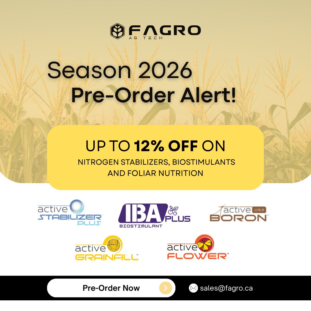 Pre-Order &amp; Save Up to 12%!
Get ready for Spring 2026! Place your pre-order with Fagro now and enjoy up to 12% off on:
Biostimulants - Nitrogen stabilizers - Foliar nutrition
Secure your products early and ensure a productive season ahead. Contact us at sales@fagro.ca
#spring2026
