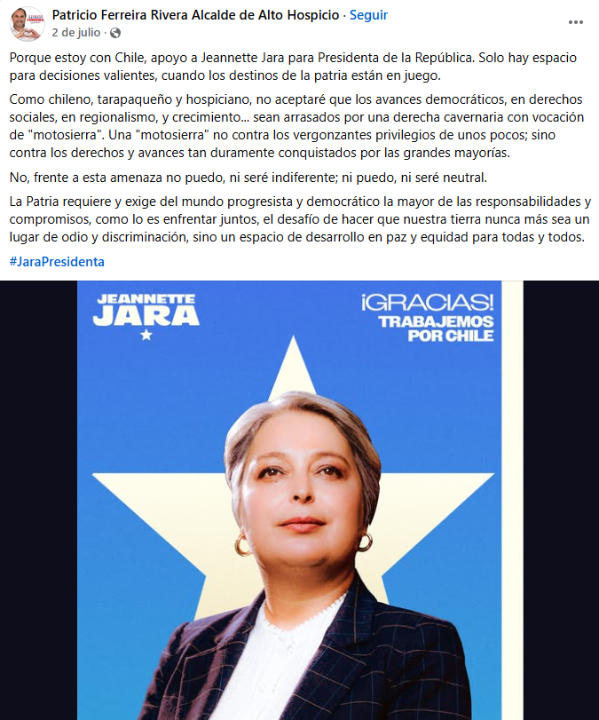 HailDissenter's tweet image. 🚨🚨 URGENTE🚨🚨

Hace unos instantes Carabineros detuvo al alcalde de Alto Hospicio Patricio Ferreira por el delito CONSUMADO DE VIOLACION

El alcalde era activo en RRSS manifestando su apoyo INCONDICIONAL a la candidata Jeannette Jara ☠️