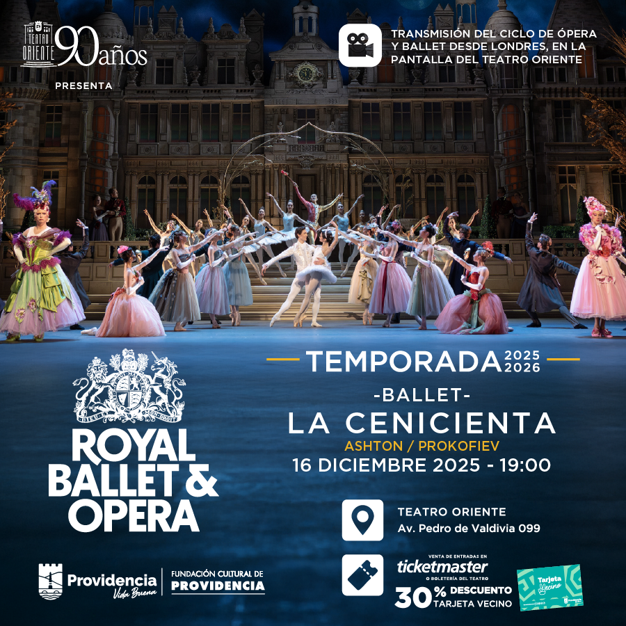 #BALLET En diciembre transmitiremos "La Cenicienta" desde el <a href="/rbo_org/">Royal Ballet and Opera</a> a nuestra pantalla gigante. Fecha: martes 16 de diciembre - 19:00. Venta de entradas ticketmaster.cl o boletería del teatro. 30% descuento Tarjeta Vecino @muni_provi <a href="/CulturaProvi/">Cultura Provi</a>