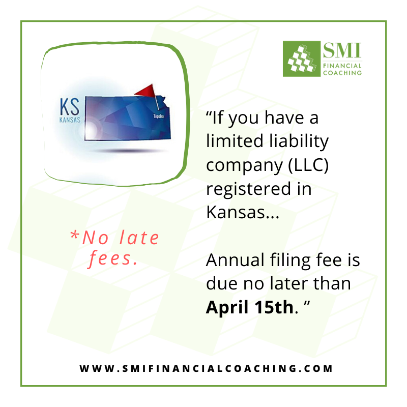 If you have a limited liability company (LLC) registered in #Kansas, your annual report and filing fee are due by April 15th. There are no late fees but your business will be dissolved if you’re over 90 days past due. #smallbusiness #finances