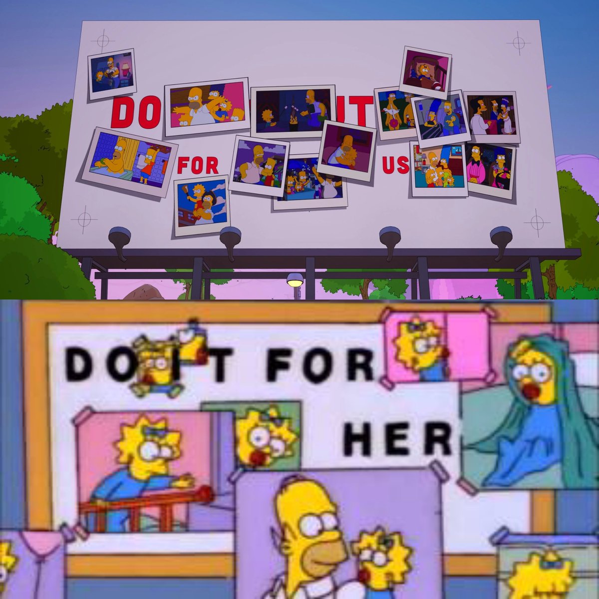 Jorge_Most's tweet photo. Fortnite ha recreado la mítica escena de "Do it for her" (hazlo por ella) de Los Simpsons.

Con un pequeño cambio, en lugar de Maggie, han usado imágenes de toda la familia y la frase "Do it for us".

✨ Hazlo por nosotros. https://t.co/zWVOhJGTBf