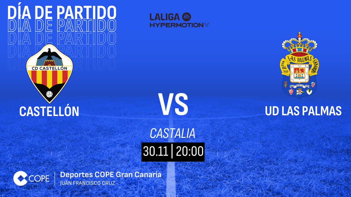 🟡🔵 ¡Este domingo hay fútbol!

⚽ <a href="/CDCastellon/">CD Castellón</a>
⚽ <a href="/UDLP_Oficial/">UD Las Palmas</a>

🕒20 horas en <a href="/CopeCanarias/">COPE Canarias</a>  
  
🎙️<a href="/juanfrancruzcar/">Juan Francisco Cruz</a>
🎙️<a href="/DoramasRguez/">Doramas Rodríguez</a>
 
🎤 <a href="/javi_sanchez_p/">javi sanchez</a>
🎤 <a href="/tiferanvalido/">tiferan valido barri</a>
🎤 <a href="/JosemiAlamo/">José Miguel Álamo</a>

📻103.0 102.9 (sur) 98.3 (Lanz)
💻 cope.es/emisoras/canar…