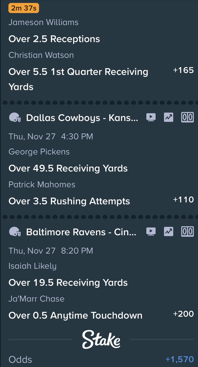 PropBetScience's tweet image. My fantasy league came up with this squad ride parlay for the NFL Thanksgiving games. 

DET/GB ✅ 
DAL/KC⏳…
BAL/CIN⏳…