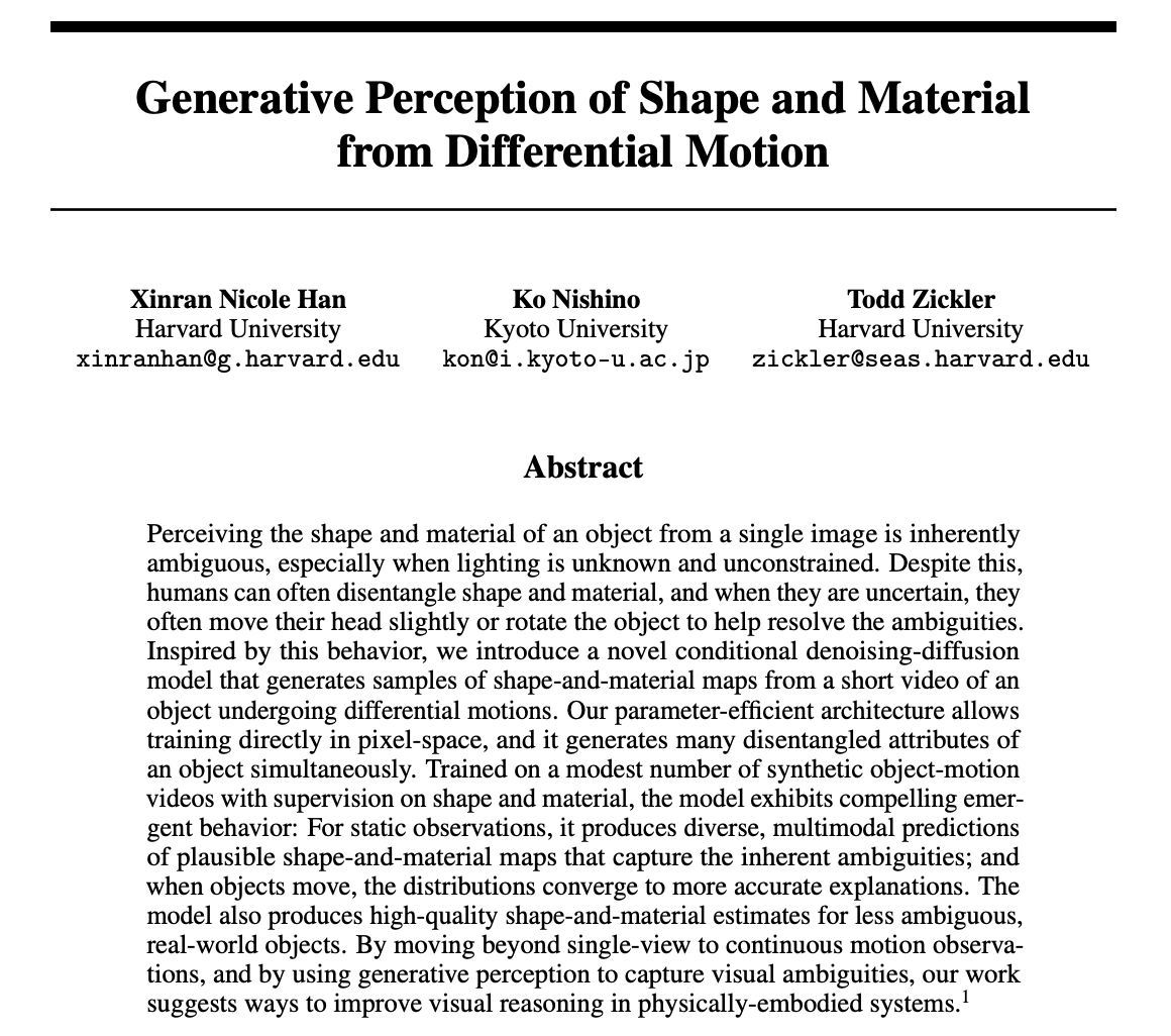 nahelocin's tweet photo. Excited to share our #NeurIPS2025 paper: "Generative Perception of Shape and Material from Differential Motion"!

We explore a generative framework for perceiving shape &amp; material, showing how motion resolves visual ambiguities.

Project page: https://t.co/BT7EhItxIe https://t.co/ZNF3PPASyR