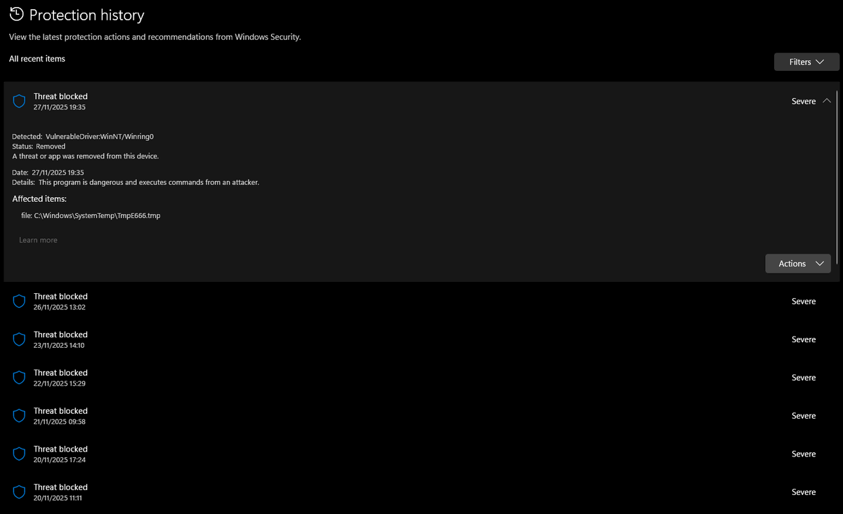 h3x1e_'s tweet photo. @DRUNKKZ3 Yo Florian, is the Javelin team aware of this issue with Windows Defender? I get a detection every time I open an EA Javelin based game. BF2042, BF6, SKATE. Kinda getting annoying now, flooding the protection history. https://t.co/PLigJch0PH