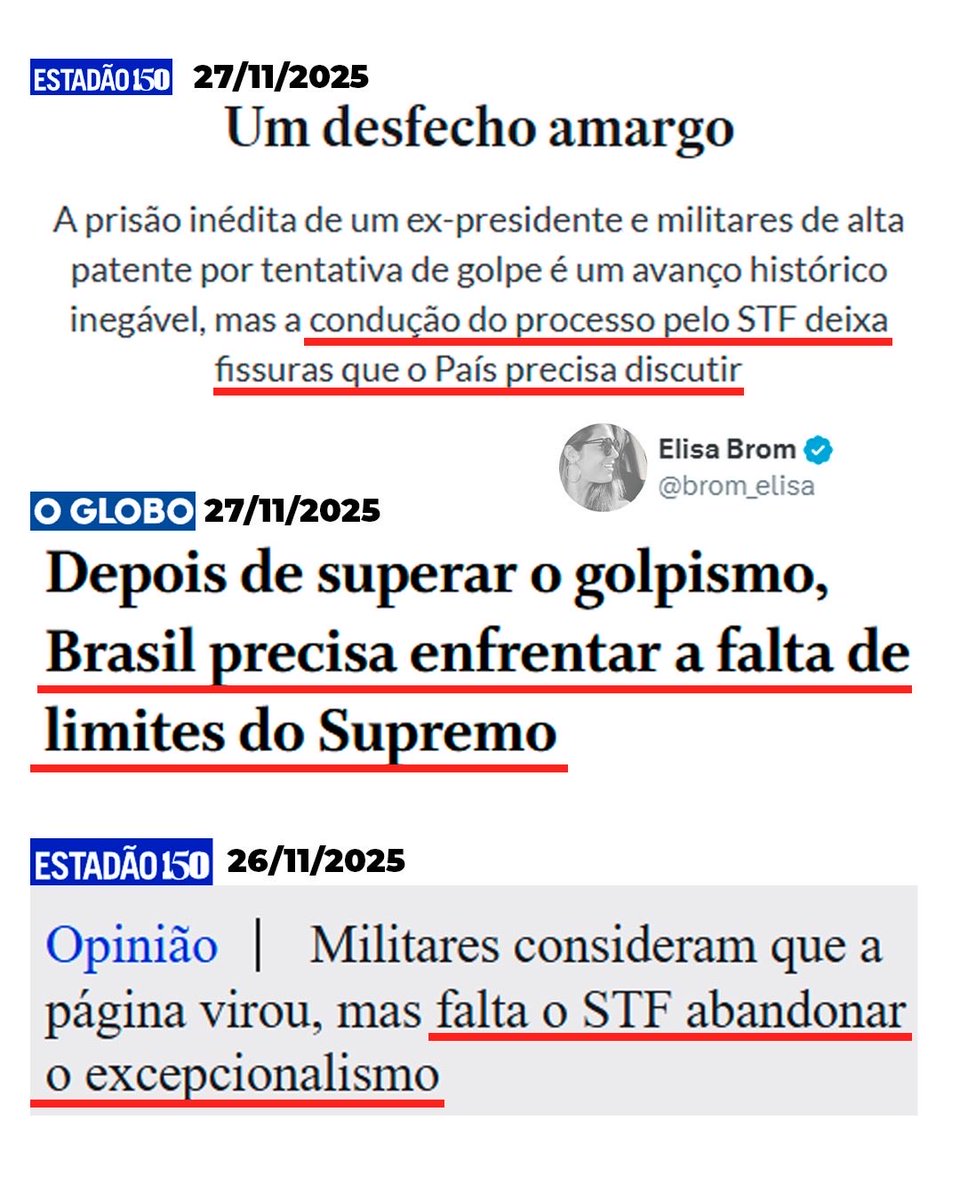 brom_elisa's tweet photo. A régua nunca foi a lei, foi o alvo!!!

Contra Bolsonaro, a imprensa foi cúmplice de abusos, ilegalidades e atrocidades do Supremo.

Agora fingem preocupação com limites do STF, como se sempre tivessem defendido freios institucionais.

Cinismo define! https://t.co/YTOfdlsuyL
