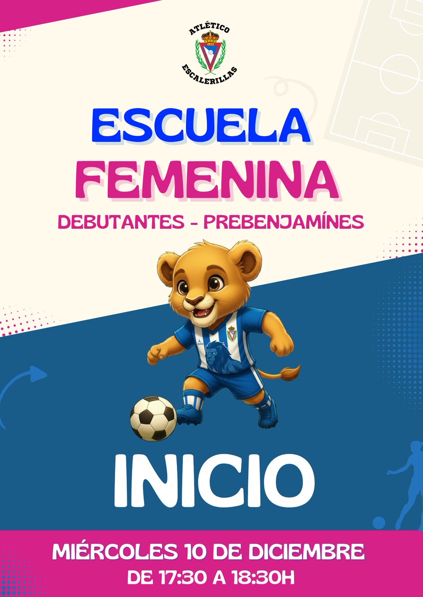🎉⚽ ¡ATENCIÓN, ATENCIÓN, FUTBOLERAS EN MINIATURA! ⚽🎉
COMENZAMOS!! 
💥 Ya tenemos fecha y hora 
💥 ¡LA NUEVA ESCUELA DE FÚTBOL FEMENINA! 💥
Para peques nacidas en 2019, 2020 y 2021… ¡las futuras estrellas del club! ⭐

🗓️ Inicio: 10 de diciembre 
🕒 Horario: 17:30 a 18:30h