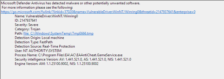h3x1e_'s tweet photo. @DRUNKKZ3 Yo Florian, is the Javelin team aware of this issue with Windows Defender? I get a detection every time I open an EA Javelin based game. BF2042, BF6, SKATE. Kinda getting annoying now, flooding the protection history. https://t.co/PLigJch0PH