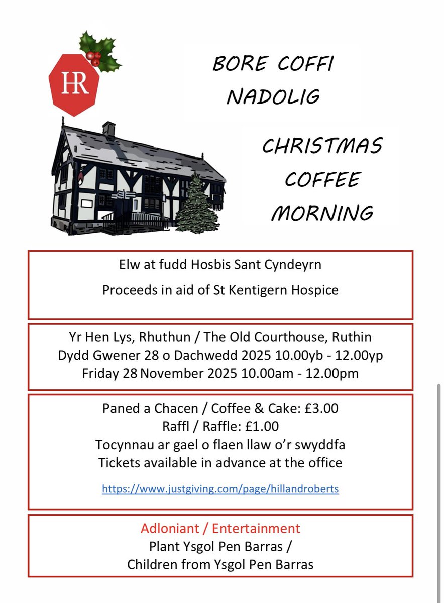 HillandRoberts's tweet image. Cofiwch am ein bore coffi fory yn yr Hen Lys rhwng 10 a 12☕️🍰
Call in at our coffee morning tomorrow between 10 and 12 at the Old Courthouse☕️🍰