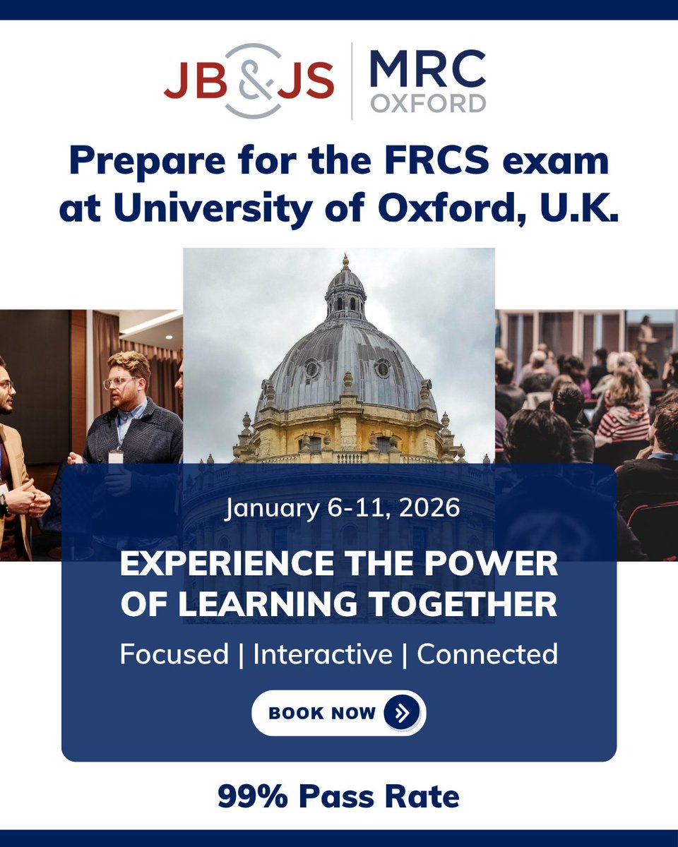 jbjs's tweet image. 📚 16 Years of Excellence in FRCS Exam Preparation

Join us in Oxford for the Miller’s Orthopaedic Review Course—the ultimate in-person learning experience designed to get you exam-ready.

✅ 99% FRCS exam pass rate among past attendees
✅ Intensive face-to-face teaching with…