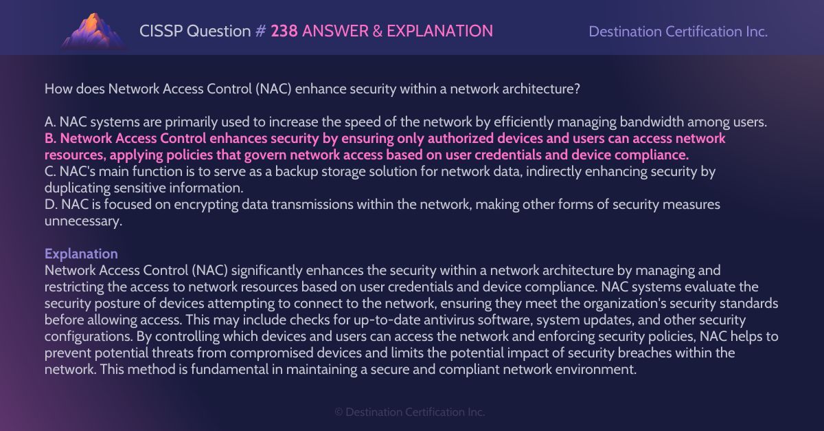 destcert's tweet image. #CISSP Question #238 Answer and Explanation

Here is the answer and an analysis of how to reach the correct answer. If you want to see more content like this, do let us know!

#WeeklyCISSPChallenge #QuestionOfTheWeek #CyberSecurity #CISSPpractice #practicequestions #ISC2