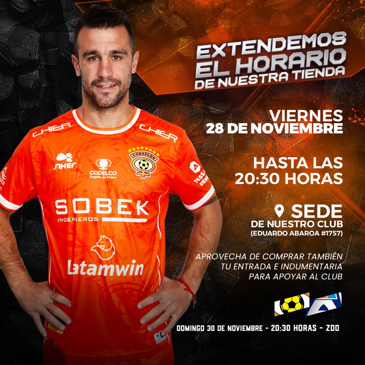 Mañana viernes la Tienda Oficial tendrá venta extendida hasta las 20:30 hrs.

Aprovecha de comprar tu entrada y llevar indumentaria oficial para apoyar al club 🦊🟧

¡Vamos Zorros!