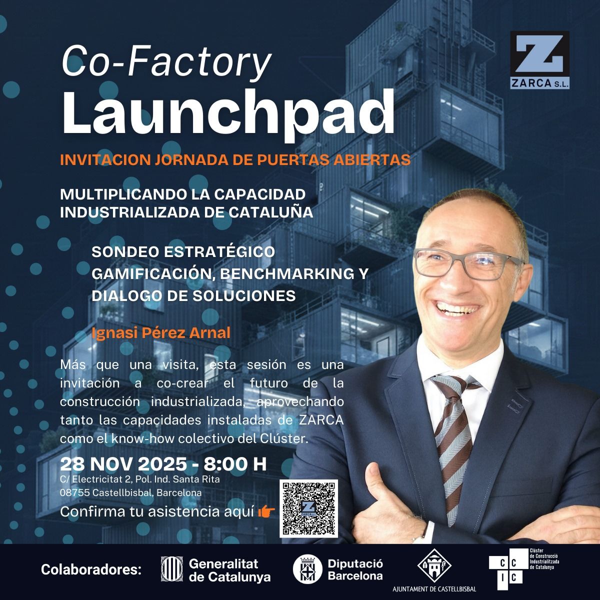 Mañana a las 8h en <a href="/castellbisbal/">castellbisbalenc</a> presentaremos el primer Co-Factory.
Esperamos poder mostraros cómo el Clúster Construcción Industrializada os puede ayudar en la construcción de las 50.000 viviendas que necesita Catalunya gracias a <a href="/ZarcaSL/">Zarca S.L.</a> y al trabajo titánico de Ángel Jiménez