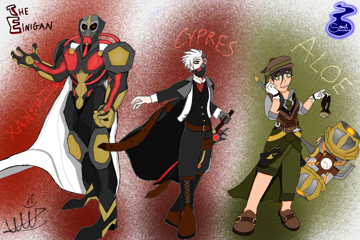 Introducing three members of the antagonist group of Soul Searchers, The Einigan!
Xanthium, Cypres, and Aloe!
#ocart #ocartwork #ocartist
