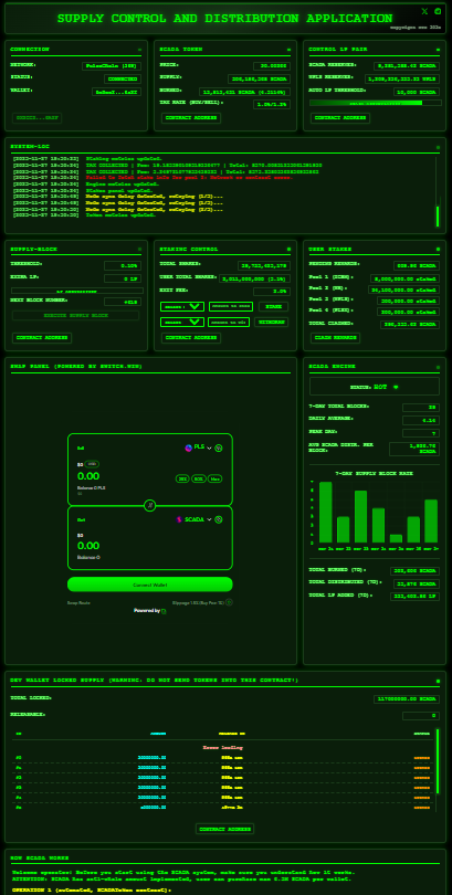 Yuri_NTS_dev's tweet photo. Tax token math is simple:
You can never sell more tokens than you have bought.
All you have to do is introduce volume, and you have up-and-to-the-right chart forever.
To maximize that, $SCADA has one fundamental law:
No tokens must be sold that haven't been bought prior.
Nobody gets SCADA for free, no marketing/team/dev/VC/cabal allocations..
Supply is either locked, or in LPs, or in buyer's wallets.
Chart is printed by users of #Pulsechain.
SCADA is pure #crypto.
The only of it's kind on pulsechain.
And look at that website. That's not a website. That's a control interface.
