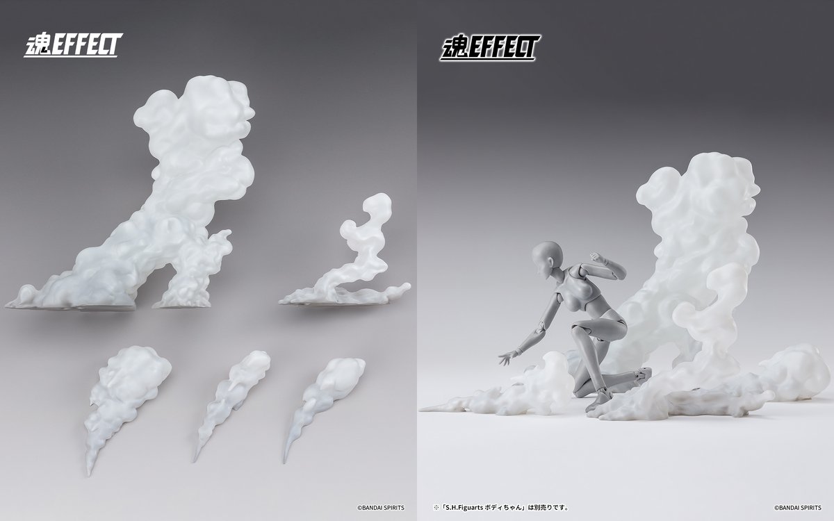 t_features's tweet image. 「魂EFFECT SMOKE White Ver. for S.H.Figuarts」が2026年6月再販決定！
📌tamashiiweb.com/item/14979/

大きく巻き上がる煙をイメージ！大小様々なパーツを組み合わせて多様なシーンを彩れる。煙として使用する他、戦闘時の砂埃のように使用することも可能！
一般店頭にて12月5日予約開始！
#t_shf