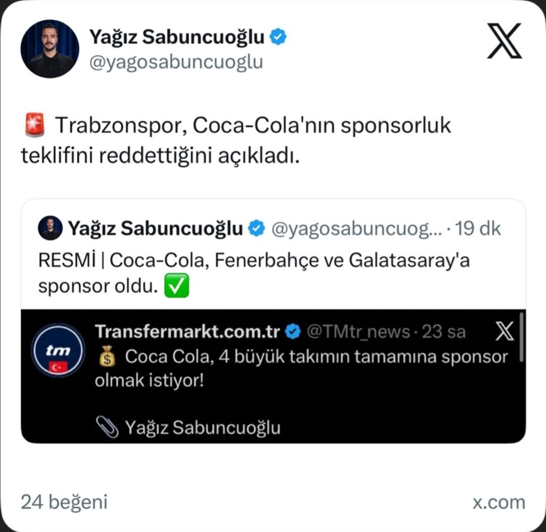 Bu kadar yıllık Fenerliyim, Trabzonspor Filistin bayraklı bir forma çıkarsın , direk alırım. O zaman görürüz Coca Cola mi çok kazandırıyor halk mı? <a href="/Trabzonspor/">Trabzonspor</a> <a href="/Fenerbahce/">Fenerbahçe SK</a> <a href="/GalatasaraySK/">Galatasaray SK</a> <a href="/Besiktas/">Beşiktaş JK</a>
