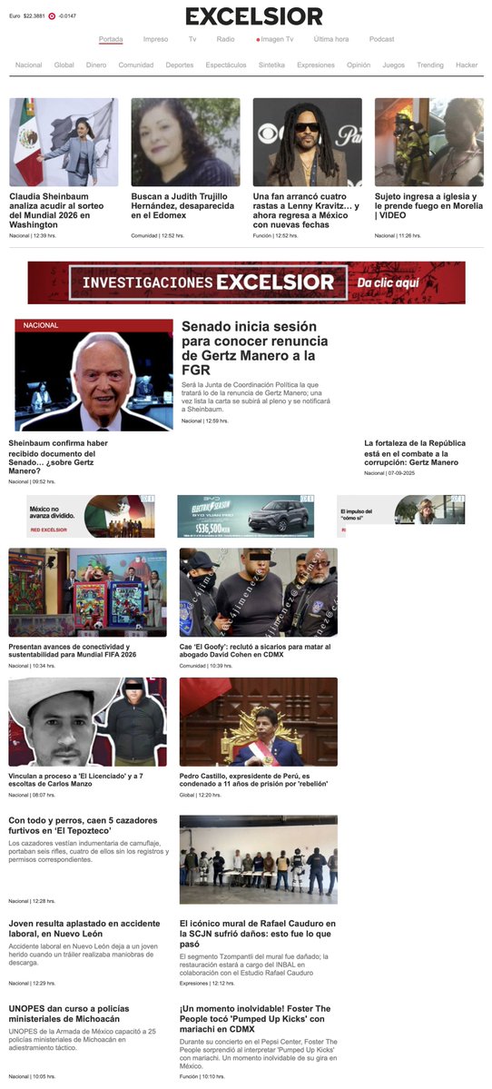 Excelsior's tweet image. 🗞Te compartimos la portada de este #jueves 27 de noviembre en #Excélsior.
- Claudia Sheinbaum analiza acudir al sorteo del Mundial 2026 en Washington
- Vinculan a proceso a &apos;El Licenciado&apos; y a 7 escoltas de Carlos Manzo
- Senado inicia sesión para conocer renuncia de Gertz…