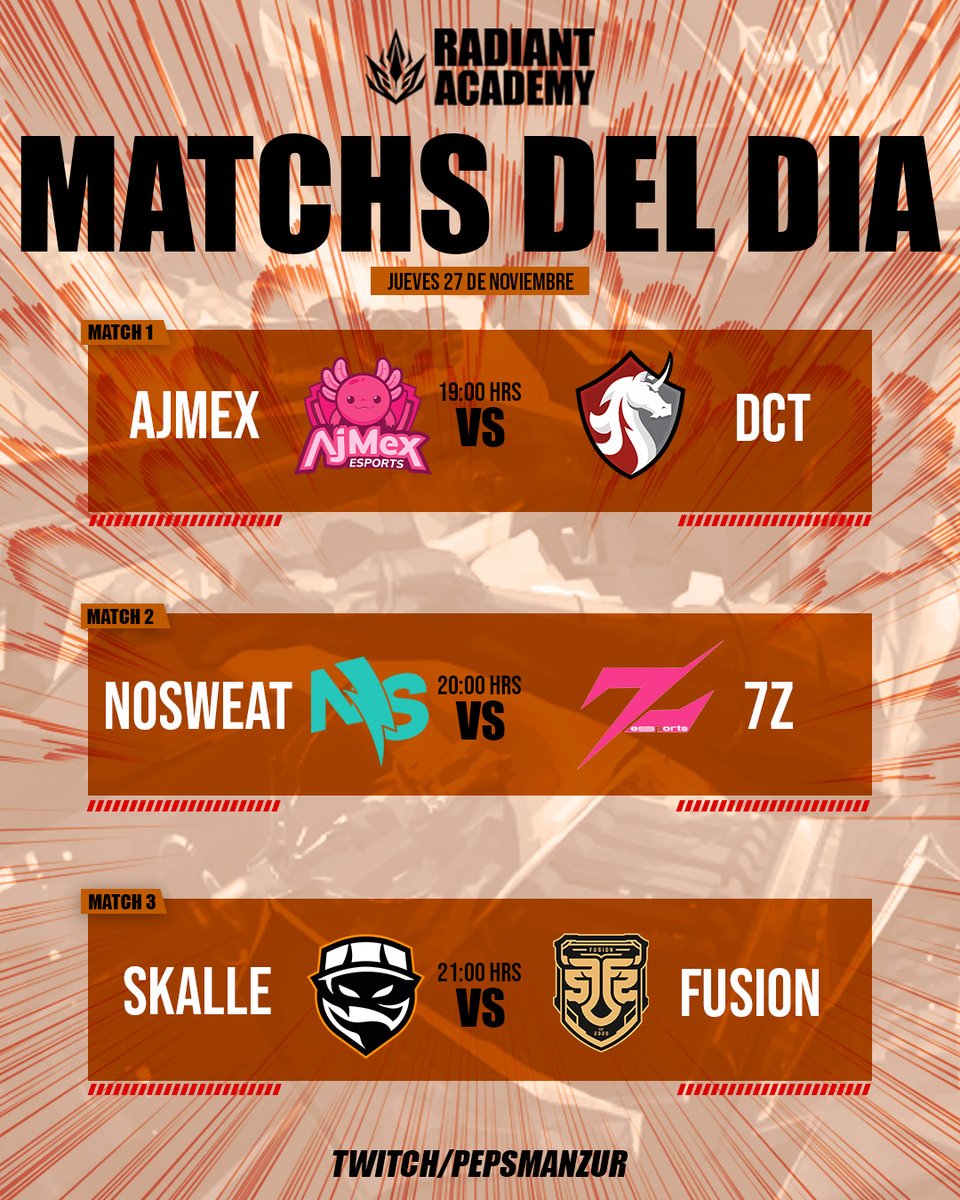 PepsManzur's tweet image. 🔥 Jornada 8 — Radiant Academy

Se viene un jueves lleno de VALORANT caro! 🔥

⭐️@TeamAjmex  vs @DCT_eSports
⭐️@ggnosweat  vs @esports7z_ 
⭐️@Skalle_ec  vs @fusionfsgg 

¡Tres partidazos para cerrar el día con todo!
Nos vemos a las 19 hrs CDMX 🇲🇽👉twitch.tv/pepsmanzur