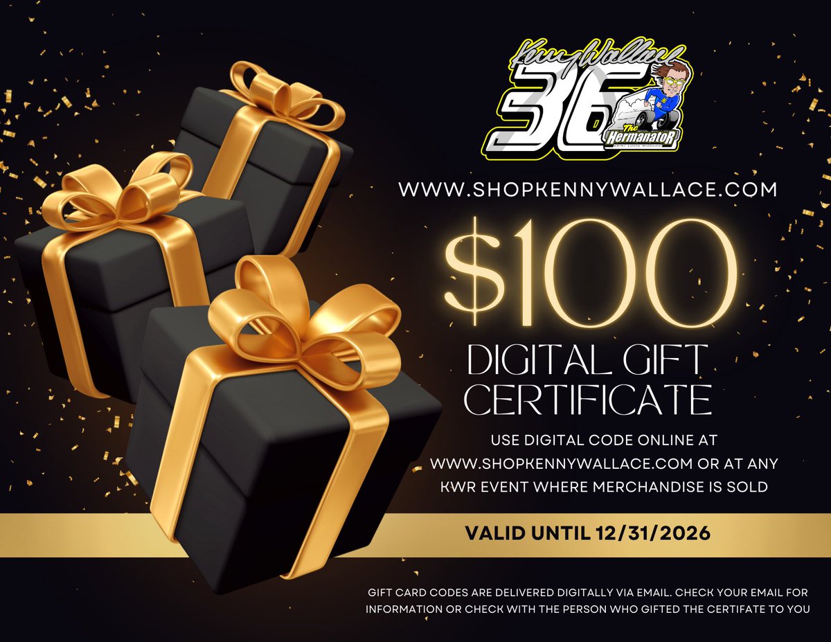 BLACK FRIDAY 🏁

GIFT CARD from shopkennywallace.com Starting at 8am Friday will make that perfect Christmas gift 🎁
